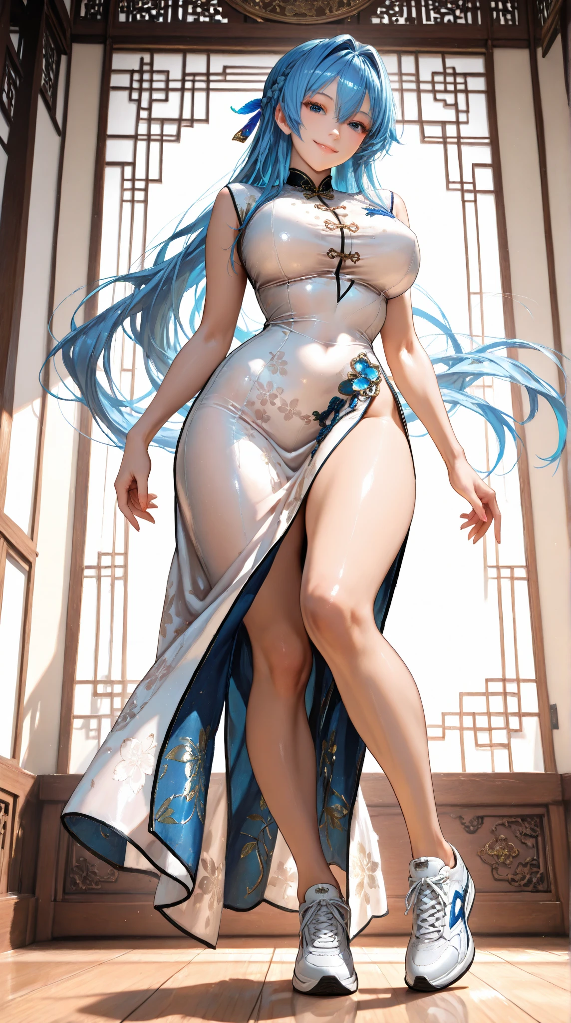 Anime woman in blue and white dress standing in front of wall, alphonse mucha and rossdraws, oriental art nouveau, ross tran style, japanese art style, artgerm and atey ghailan, in the style of ross tran, inspired by Ross Tran, nobara, European Women, Exquisite digital illustration, :: rossdraws, beautiful digital illustrations, Fantastical Mucha style Post-art