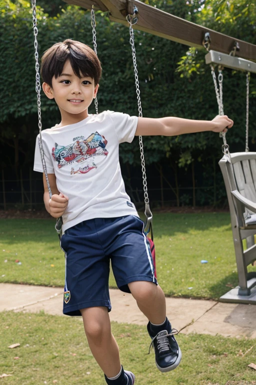 MENINO DE 5 ANOS, PELE BRANCA, CABELOS ONDULADOS CURTO NA COR CASTANHO, OLHOS ARREDONDADOS CASTANHOS, HE IS WEARING A GREEN BLOUSE AND BLACK DENIM SHORTS. HE'S SMILING AND PLAYING WITH A RED STROLLER. THE BOY IS IN THE BACKYARD OF YOUR HOUSE, AO FUNDO VEMOS UMA GRAMA VERDE, A TREE AND A SWING AND A FEW MORE TOYS SCATTERED AROUND.