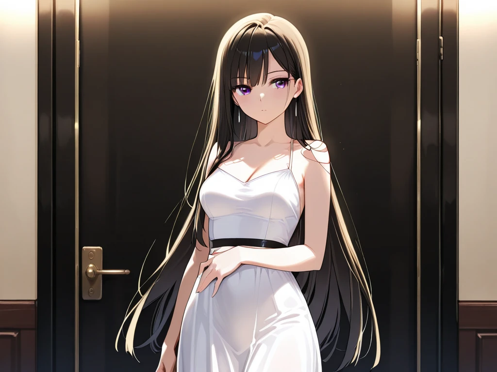 masterpiece), (best quality), (high resolution), (unity 8k wallpaper), (illustration:0.8), (beautiful detailed eye), (extremely detailed face), (extremely detailed CG), (souryuu asuka langley), (perfect hands, perfect anatomy), One Girl, blue eyes, hair between eyes, orange hair, two side up, (bare arms: 1.3), (bare legs: 1.3), put one hand on hips, (White halter neck long dress: 1.5), sandal, perfect lighting, standing, full body, looking at viewer, indoors, party venue, night