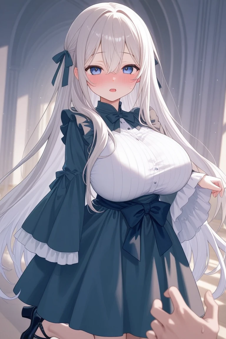 masterpiece, best quality, complex, Long hair, Silver Hair, Red Eyes, skirt, Ruffles, Gothic, Put your hands behind your back,
outdoor, Cherry blossoms, Depth of Field,Pregnant,Huge breasts