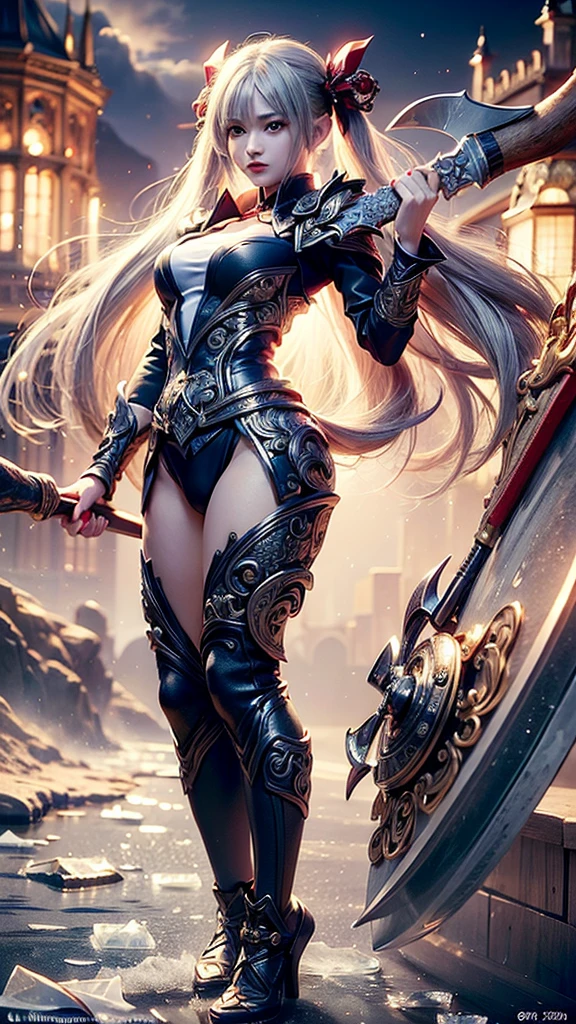 Medieval woman, white hair, armor, holding sword, medium breasts, gloomy environment.