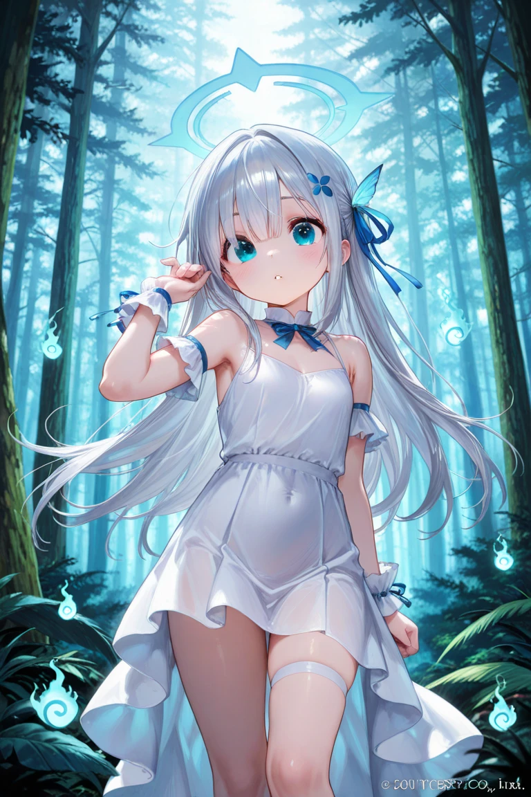 ((A close up)) of anime teen girl, (((((sitting down in a forest on wood)))))), (mostly naked), ((barefoot)), (cinematic light), skin is perfectly white, soft, and smooth, ((no nsfw)), Extremely delicate and beautiful CG illustration, small thigh, slim body, best quality, high resolution, dynamic angle, full-length lens, (((1 girl))), (detailed eyes), soft light, high-key lighting), glowing light, ((blue glowing ring around her ankle)), (((wearing (only) a white (transparent) tank top))), ((((mist: 1.7))))
