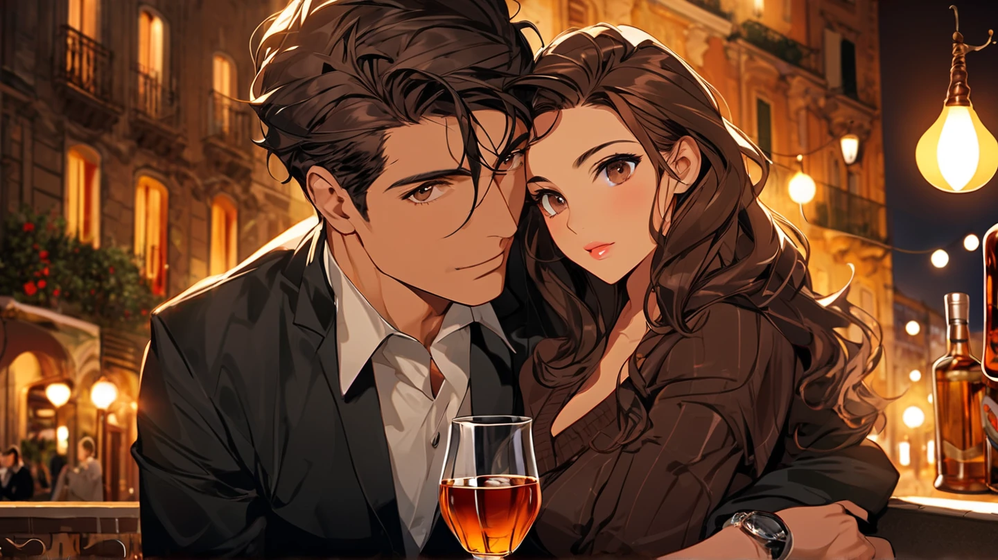 The couple drinks wine in a luxury hotel, buổi tối, Seabreeze, romantic atmosphere, Beautiful face, Eye Detail, lip details. 