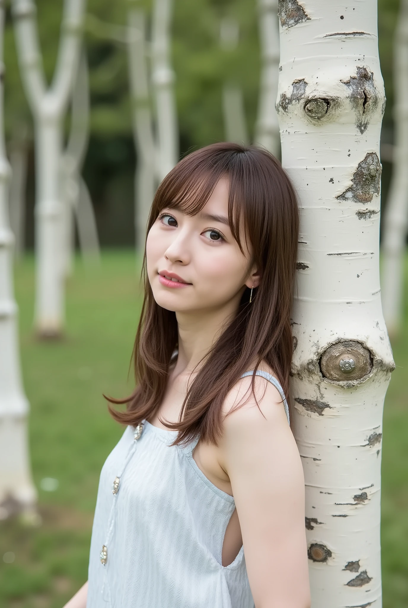 Create a realistic photograph of a beautiful Japanese female idol portrait. She should have a slender body, small bust, and thin legs, with medium-length hair. The outfit should reflect a fresh and elegant early summer coordination. The scene is a gravure shoot set in a refreshing highland surrounded by birch trees, where the girl is leaning against a birch tree, trying to listen to the sounds of nature.0.35