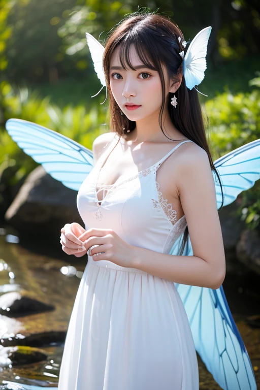 Fairiy with a Japanese face, ((best quality)), ((masterpiece)), (detailed), realistic, photo, ethereal beauty,cute,(black hair:1.1), (black eyes:1.1),Light colored dress,(transparent fairy wings:1.2),Blue earrings, exquisite and beautiful face, exquisite collarbone, seductive and delicate collarbone, charming fragrant shoulders, shoulders slightly exposed,(peach Red lips:1.2),(smile:1.2),belly button,pale milky white porcelain skin, smooth translucent white skin