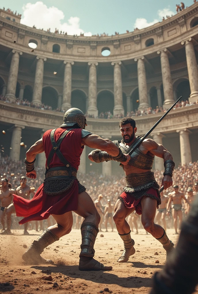 "A dramatic depiction of an intense battlefield clash between ancient Roman gladiators and fierce German barbarians, portraying the raw brutality and courage of both sides."