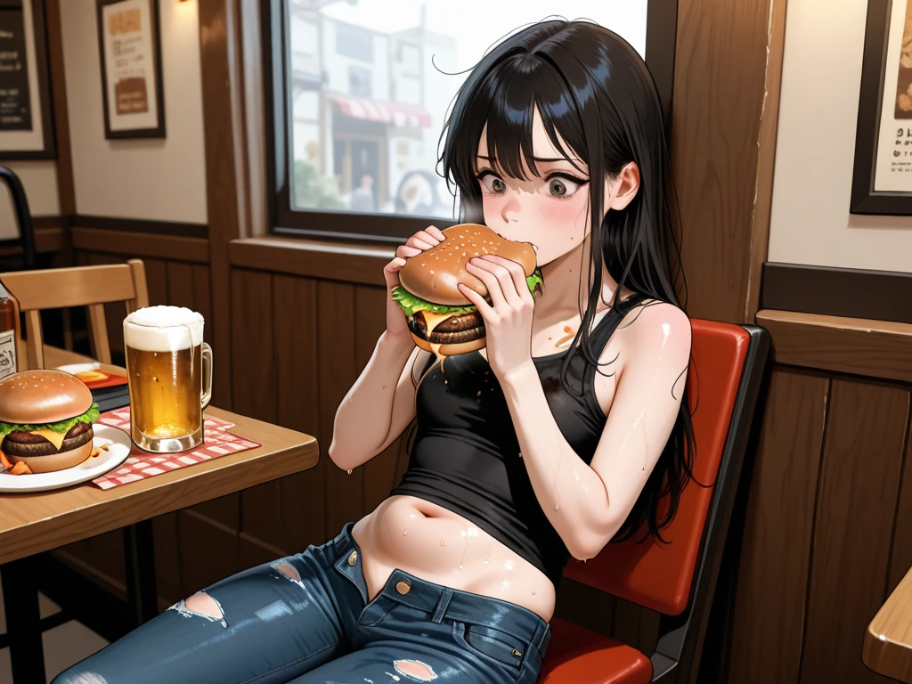 A woman in a tank top and full-zip shorts eating nachos at a taco stand Jeans have belts Big butt Detail the buttocks Detailing the groin area