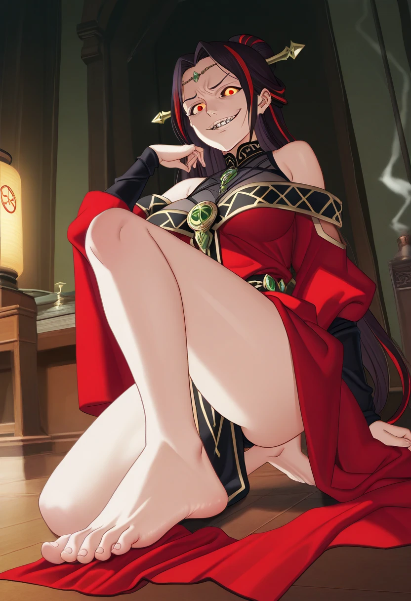 1boy and 1girl, Angle from the front、close up 
breasts,  Angle from below, The girl bends forward to show off her breasts、(shiny White skin:1.6)、Squint eyes, ((Narrowing his eyes and grinning with a devilish smile)), (5 years old girl), (Shiny green hair)、 (ponytail)、(forehead)、((wavy hair)), Small breasts, ((Red off-shoulder leotard))、金のブレスレット、((In a medieval castle bedroom))、((footjob)), 1penis, under hair, scrotum、((eject cum)), (cum to breasts)、((Amazon Position)), (The boy has his legs open)、(The girl rapes the boy), 