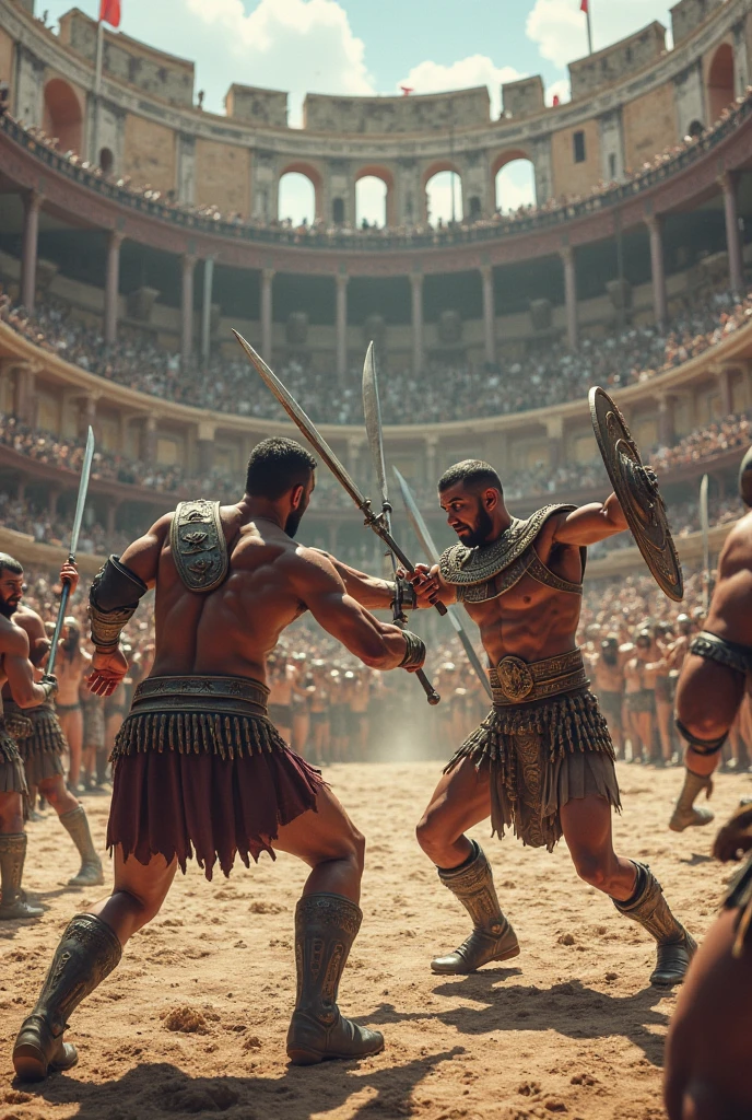 1. **Ancient Roman Arena**: A grand Roman arena filled with crowds, showcasing a powerful gladiator battle, vibrant colors, and dramatic lighting.Hyperrealistic,cinematic,8K