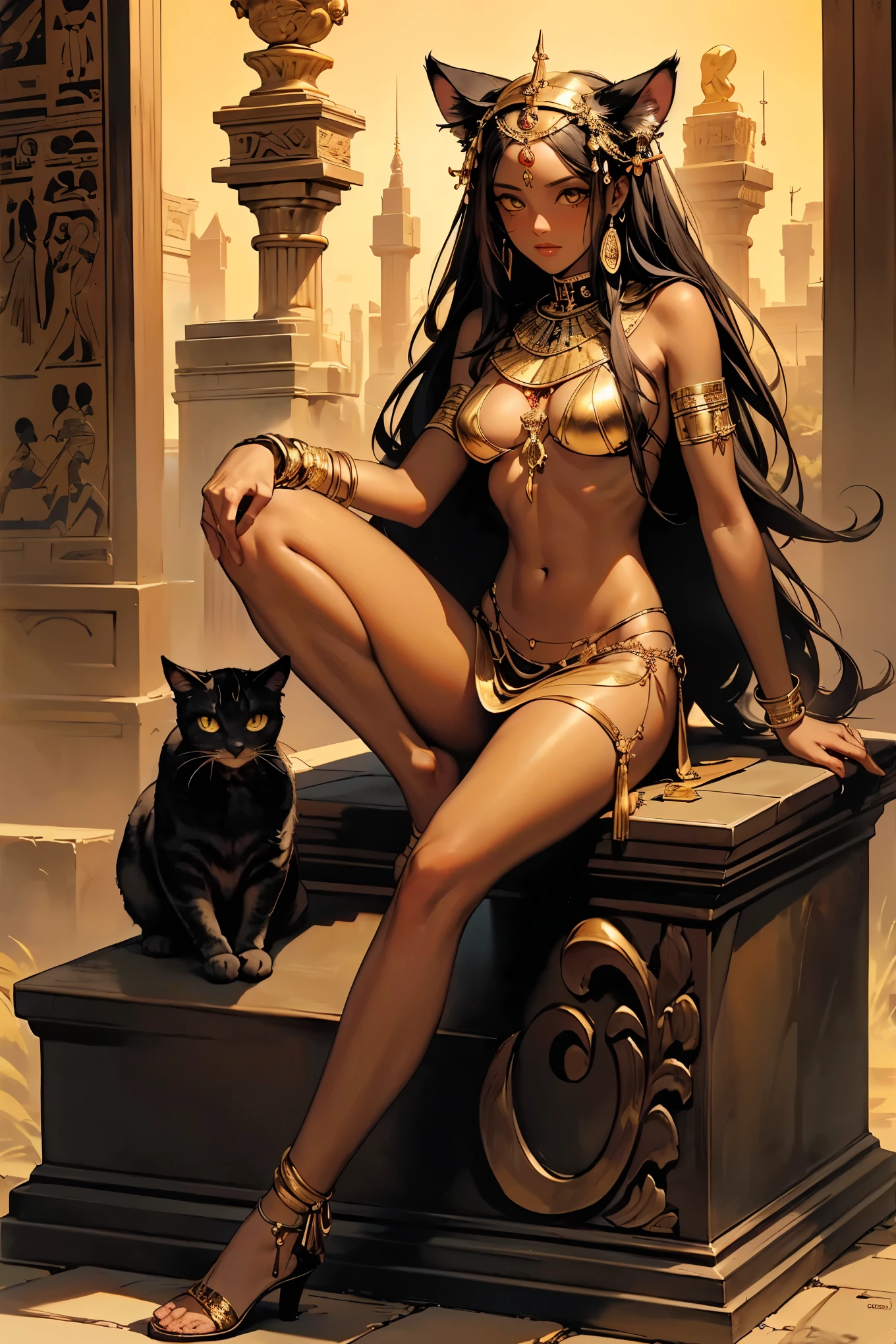 Ancient Egyptian Mythology, Bastet Goddess, The Golden Cat's Eye, Stone Hieroglyph Temple, dark skin, I'm following a black cat, Bastet sitting in a stone coffin engraved with hieroglyphs