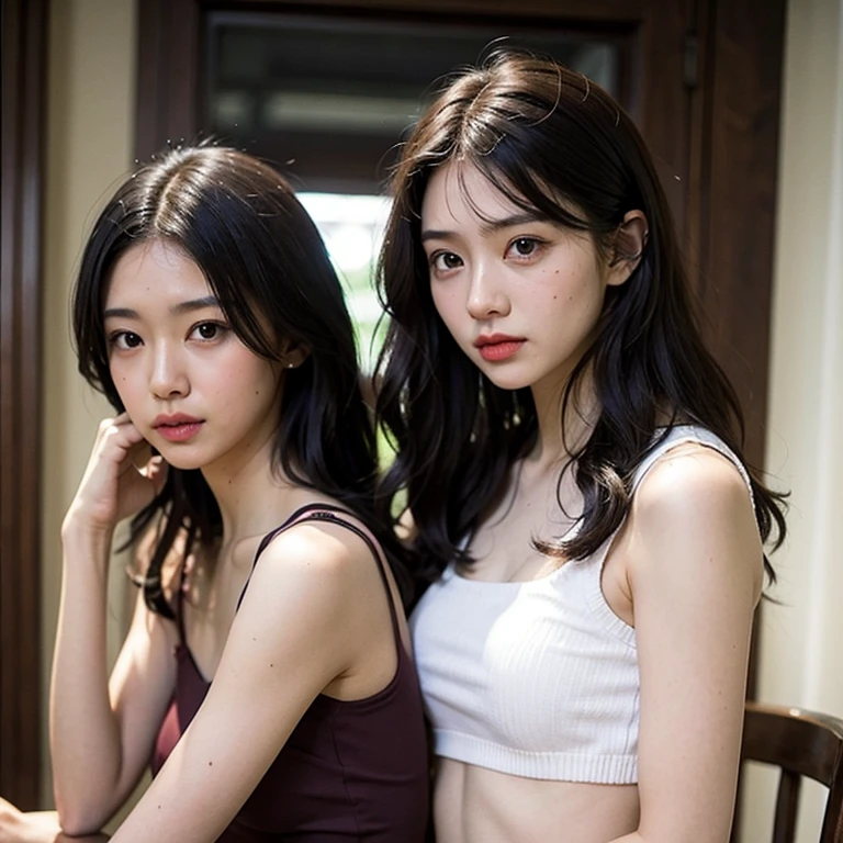 Identical twin sisters who get along well、(masterpiece)), ((Highest quality)), (Very detailed), ((Very detailed)), 4K, (8k), Highest quality, (beautiful), woman, very beautiful Japanese, beautiful blonde hair, semi-long, Wavy Hair, Shiny Hair, beautiful brown eyes, ((beautiful eyes)), slim, beautiful breasts, Cleavage (Between the breasts), Belly button, beautifulウエスト, 1, 20歳のwomanモデル, 2, Attractive face and body, 2, Perfect face and body, 2, beauty, profile image, Profile photo, fit pic, tops:Grey sports bra, Bottoms: Grey sports underwear, Cowboy Shot
