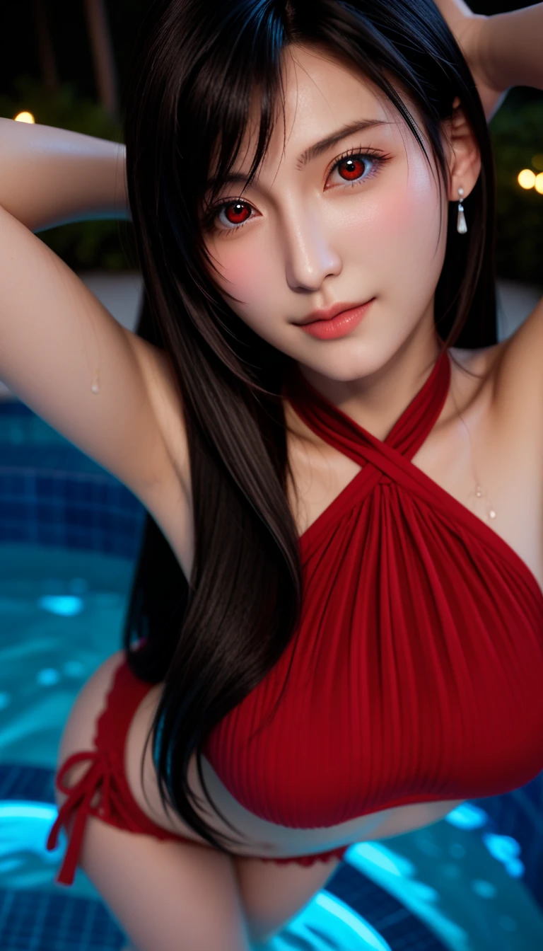 (logo, masterpiece, 8k, Tabletop, RAW Photos, wonderful, 最high quality, Photorealistic and hVery detailed CG integrated 8k wallpaper, high quality, Very detailed, Narrative poem, Particle Effects, Dynamic Effects, Written boundary depth, Cinematic Light, Lens flare, Ray Tracing)), Fantasy, ((One beautiful woman, Clear blue eyes, Red long hair, Beautiful Face, True Face, Beautiful fine details, Beautiful Skin, Graceful dancing woman:1.7, Graceful dancing woman:1.7)), 長い髪がWindでなびく, Long hair bounces, 長い髪がWindで踊る, Hair bounces, Halter neck, Red leather pants, Red leather jacket, Red bodysuit, Silver earrings, ((night, Wind, darkness, Moonlight, full moon, night空, Wind, cherry blossoms, cherry blossomsの花びらが舞っている, cherry blossoms吹雪, Falling petals, 舞いFalling petals)), Hip Up