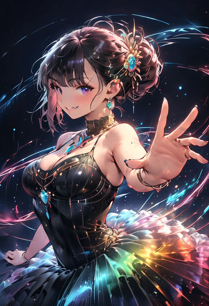 1girl, portrait of Anika, solo, smile, black eyes, jewelry, earrings, breasts, cleavage, necklace, medium_breasts, Wearing Tight Hug Slim Long Deep Black Shiny Metallic Slit Latex Mermaid Gown, volumetric lighting, best quality, tonemapping, sharp focus, hyper detailed, realistic