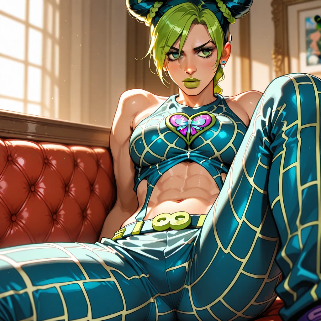 best quality, 1girl, beautiful (kujo_jolyne) sitting on couch, teasing, blush, parted lips, hair buns, braided_ponytail, green_lips, makeup, green_hair, two-tone_hair, halterneck, sleeveless_shirt, clothed, boots, midriff, <lora:jolyneCujoh_v1:0.9> , bright room background, detailed background, fantasy, tall, looking at viewer, masterpiece, film grain, (lens distortion:0.7), (chromatic aberration:0.7), intricate, volumetric lighting, realistic, realistic lighting, cinematic, 8k, cinematic lighting, masterpiece, perfect, hyper-detailed, photorealistic, intricate details, stop motion, tonemapping, sharp focus, hyper detailed, trending on Artstation