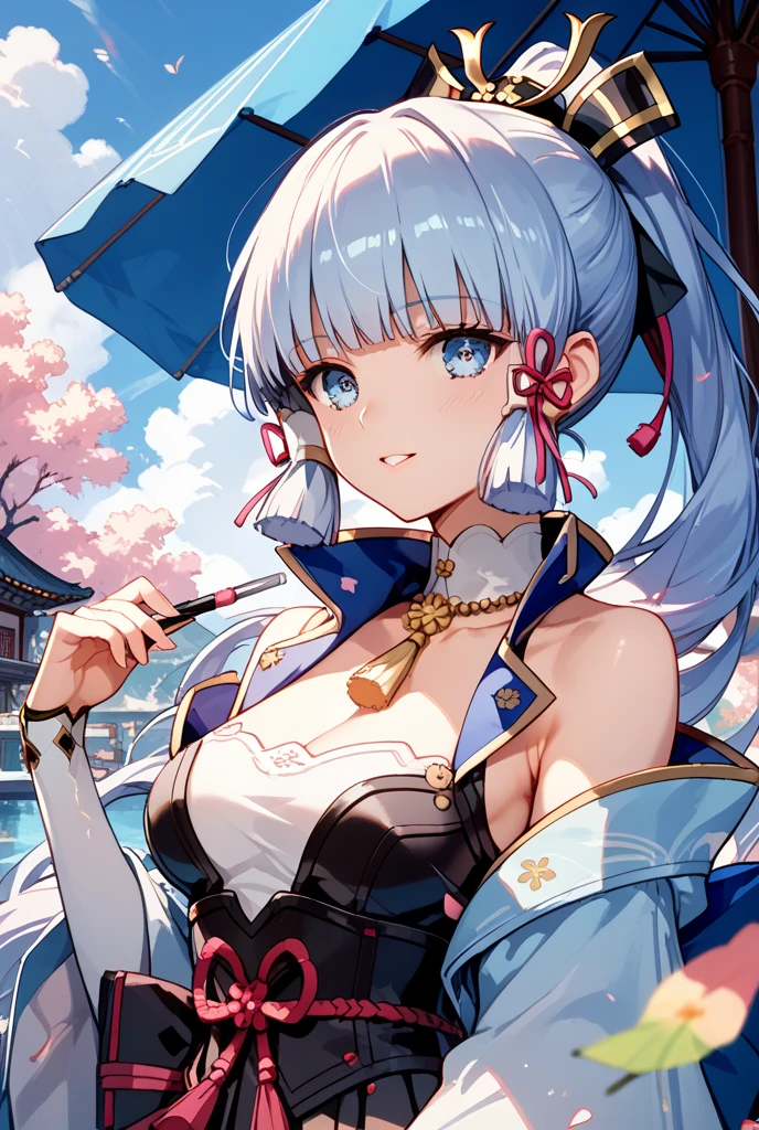 best quality, masterpiece, highres, solo, {morgan_fgo:1.15}, long_hair, blue_eyes, braid, bangs, ponytail, breasts, bow, black_bow, french_braid, grey_hair, hair_bow, very_long_hair, large_breasts, sidelocks, cleavage, 1girl, hair_ornament, japanese_clothes, kimono, looking_at_viewer, flower, fur_collar, long_sleeves, wide_sleeves, oil-paper_umbrella, sash, umbrella