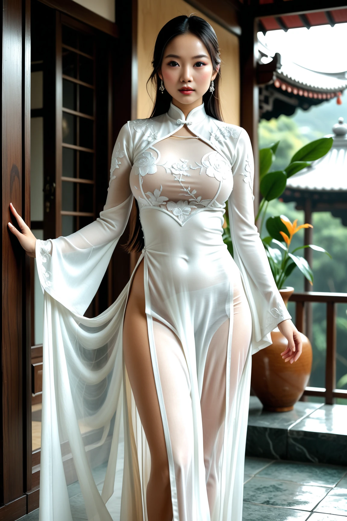 (8k, RAW Photo, Best Quality, Masterpiece: 1.3), Super Real, Masterpiece, (NSFW: 1.5), (Photorealistic: 1.2), Sharp Focus, Timeless Charm, Class, Cowboy Shot, 1girl , Vietnamese girl, (white see-through lace ao dai: 1.5), (semi-transparent ao dai: 1.5), walking in the flower garden, soft smile, big brown eyes, beautiful even eyes, long black hair , beautiful face, detailed and perfect face, perfect proportions, drop-shaped breasts, bursting breasts, waist, belly button pussy, crotch gap, enhanced round buttocks, shapely and neat buttocks, thighs, sexy soft pose, curved shape, beautiful curves, elegant and bright ao dai, bright roses blooming, intricate patterns, bright colors, paradise of natural beauty, tranquility, gorgeous, elegant, soft light, environment Lighting, beautiful flower field in the background, shallow depth of field, perspective, bewitching, sexy, erotic,