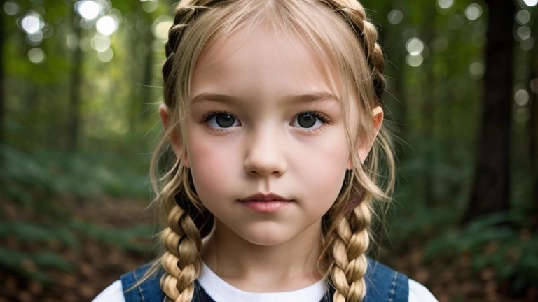Melhor qualidade, obra-prima, ultra alto nada, fotorrealista, foto crua, Girl child , Russian blonde in braids, com roupa de jaqueta de couro vermelha, Estilo retrato, flames are shining. --auto --s2