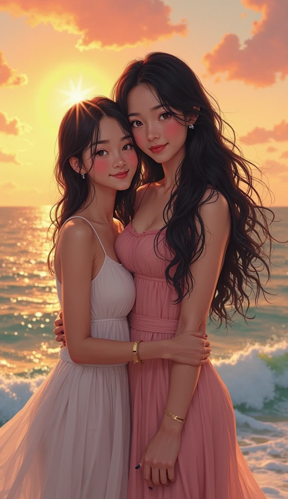 realisticlying、Two real adult women、Taking a selfie、Keep your body in close contact、The slightly larger sea accentuates the sunset、Smile sexily、Cleavage emphasis、Face Real
