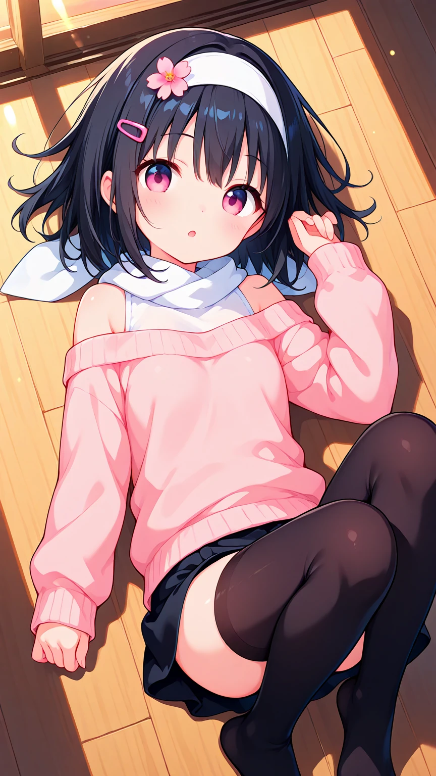 A Japanese woman’s lower body, she had white underwear and black socks on. She also has a white shirt on with pink sleeves. She is sitting in a kawaii way.