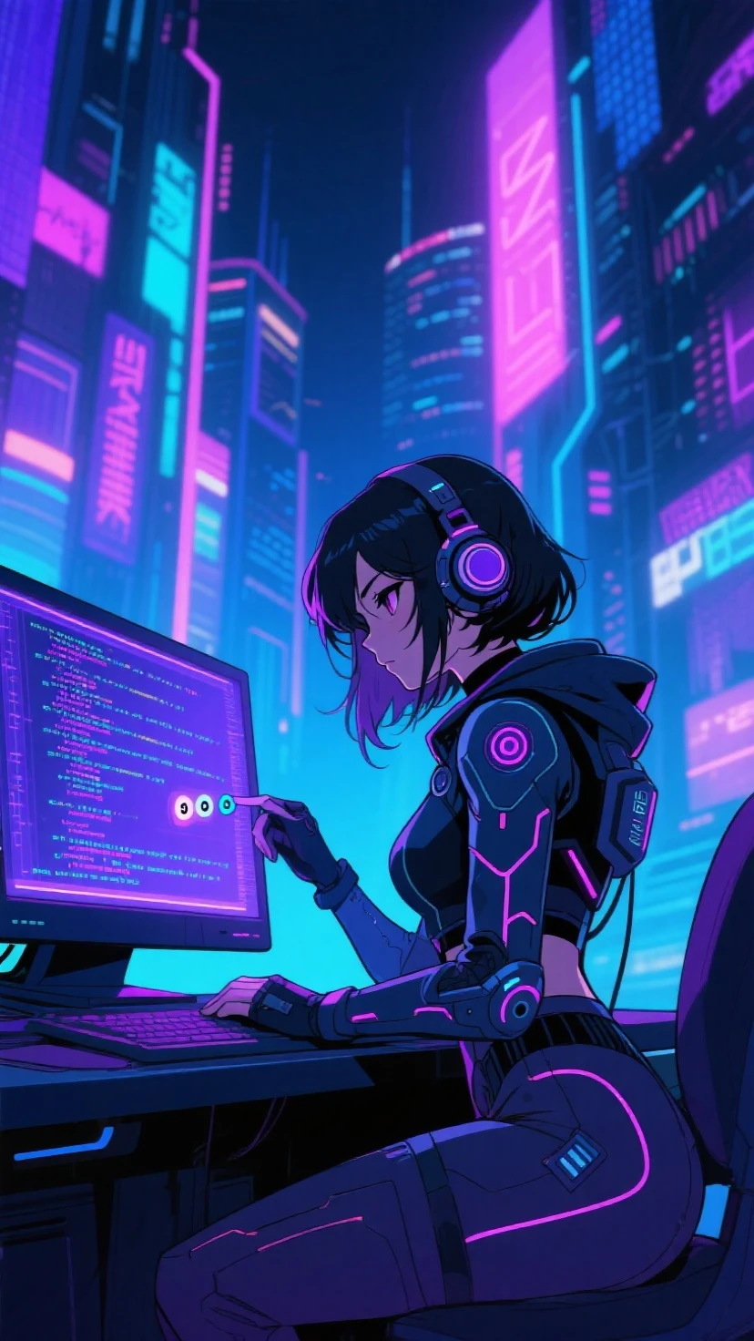 ,by fuenze,, by yogisya
watercolor
1girl
glasses
bangs,
detailed face, cleavage,
neon light
watching monitors, multiple multiple monitors, hologram, messy room, shadow, dim light, dark room. messy, detailed background, science fiction, cyberpunk retro dystopian futuristic