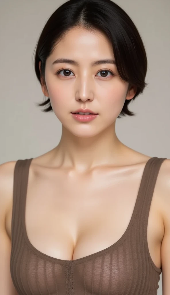 NSFW, One beautiful woman, high resolution, wallpaper 8K screen, top quality, realistic, super detailed, fine, perfect dynamic composition, 62 years old, (mature woman: 1.2), seductive appearance, (many wrinkles on the face: 1.4 ), (large neckline transparent one-piece dress: 1.4), sharpness, detailed and beautiful eyes, short hairstyle, thin hair, detailed and realistic skin texture, smile, white competitive swimsuit, slender body shape with small breasts, The shape of the nipple stands out,