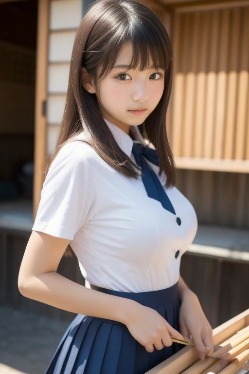 (highest quality,8K,Raw photo,Realistic,High resolution:1.2),(Cute Japanese Girl),(Huge breasts:1.20),(The body is slim、Sexy body),(Japanese High School Uniform),(School classroom),(18-year-old、difficult、Lofty dream、Prisoner of a male classmate、existence of idols),(Beautiful Realistic Asians:1.5、Kindness)、Professional、Completely naked,Esbian all over,Raise both arms,Hide your hands behind your head,NSFW