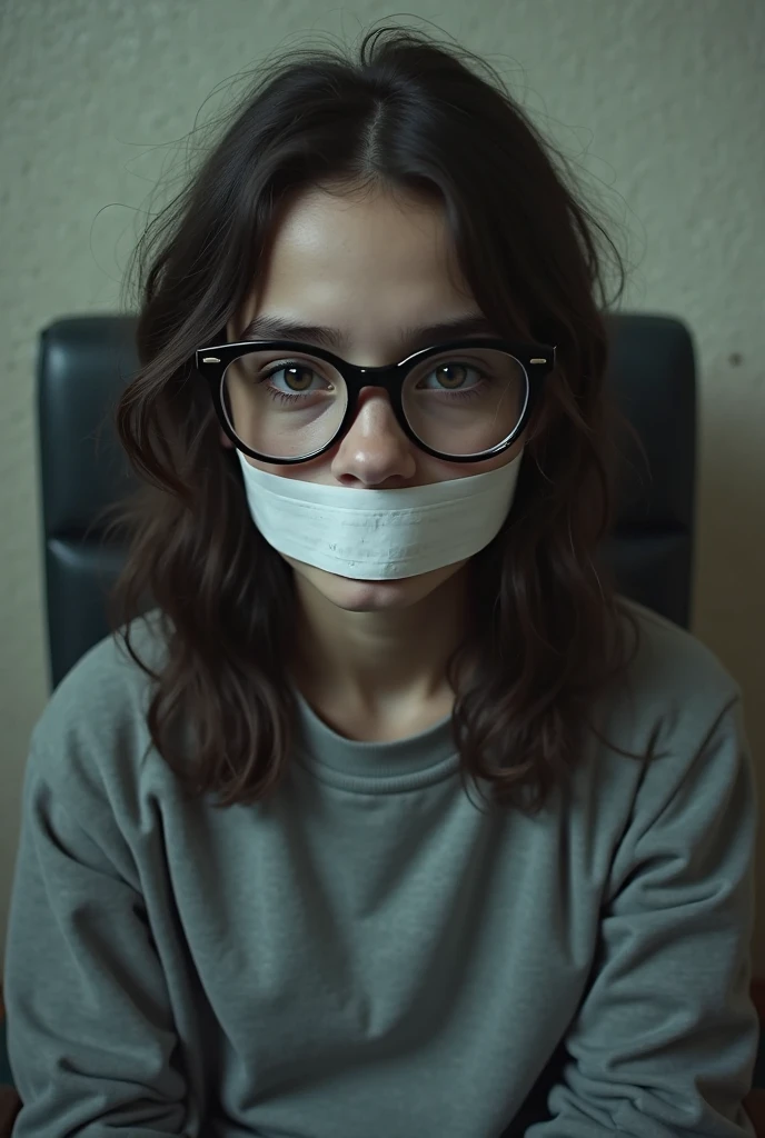 Beautiful face, mask, glasses, brown eyes, long brown dark hair, cute