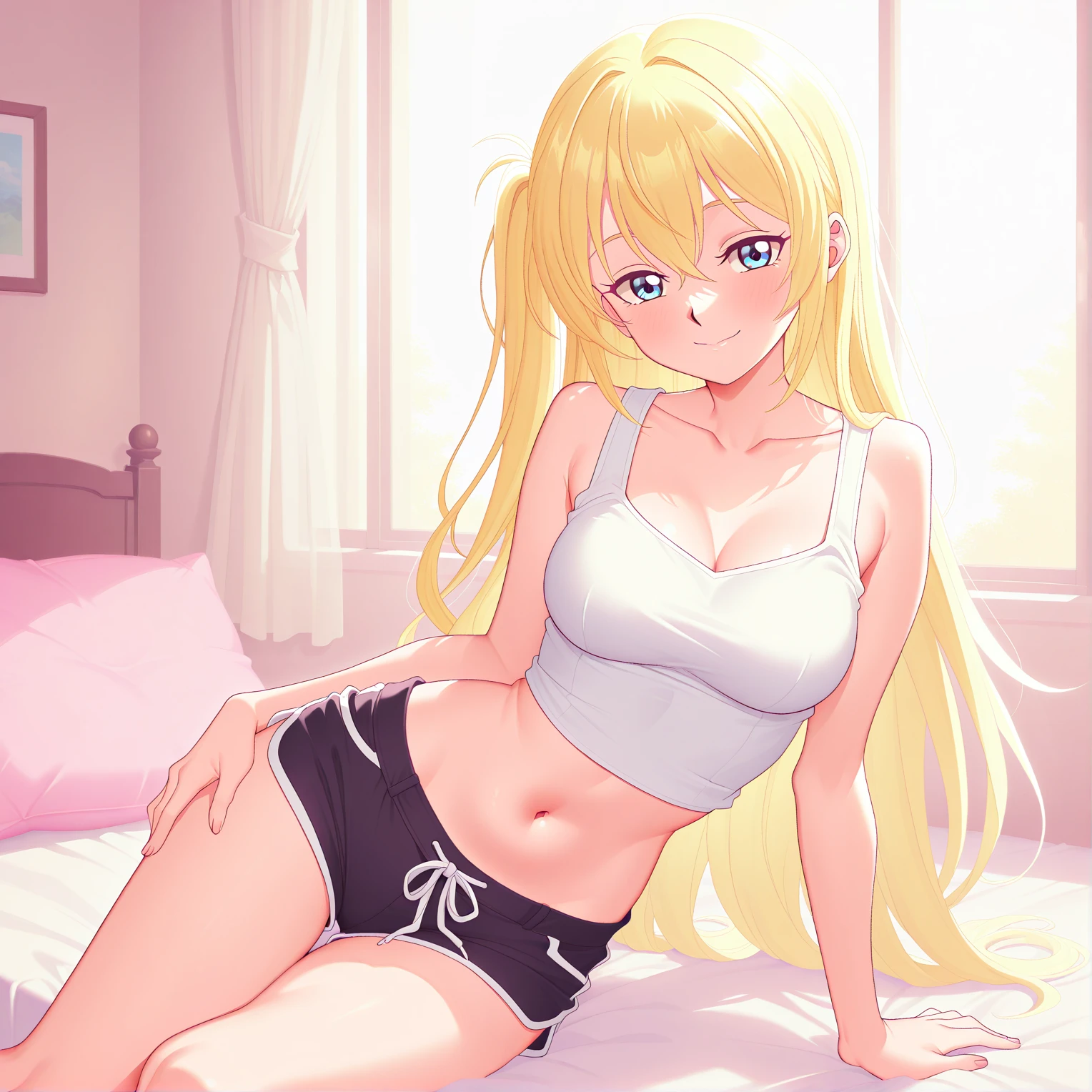 1 girl, long pink t shirt until thighs, home, laying on the bed, armpits shows pose, lying pose, long blonde hair, green colour eyes, smiling, excited, beautiful, pale skin, perfect body figure, B Cup Size breast 1:3, cute , Wolf ears