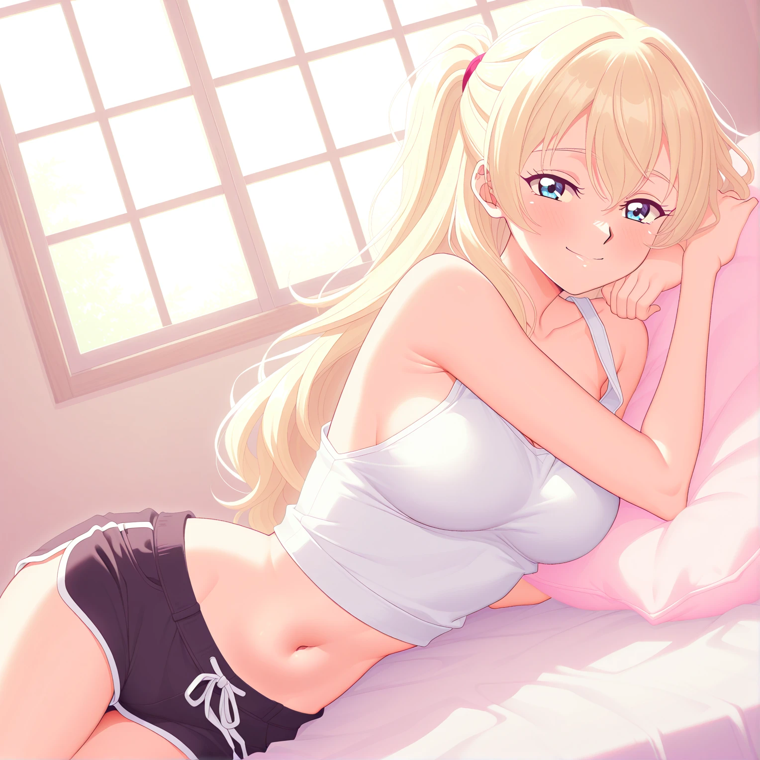 1girl, blonde hair, braided hair, no shoes, thighsocks, navel, midriff, sexy, armpit, red eyes