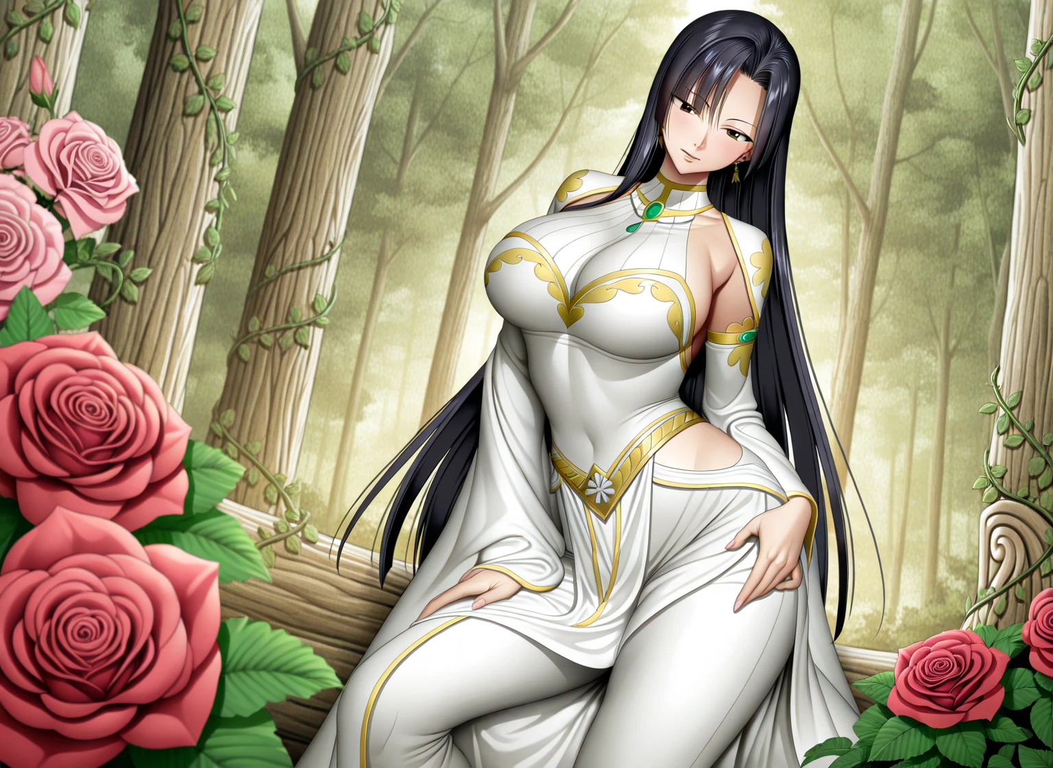 score_9, score_8_up, source_anime Bibl3, mystra, mystra \(baldurs gate\), mystra goddess \(baldurs gate\),1girl, solo, long hair, huge breasts, looking at viewer, smile, dress, jewelry, heavy breasts, breast expansion, closed mouth, standing, purple eyes, purple hair, flower, cowboy shot, earrings, outdoors, tree, vivid lips, groin, no panties, glowing, nature, glowing eyes, pelvic curtain, forehead, arms at sides