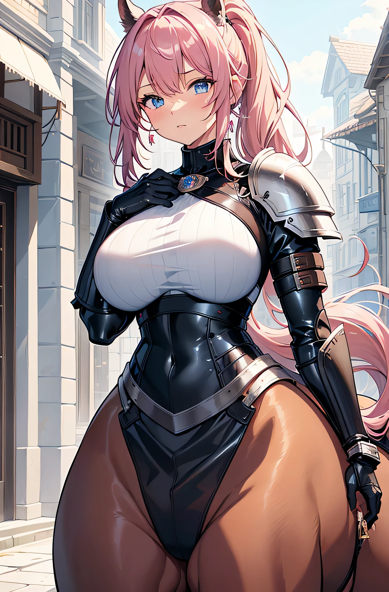 Illustrator, anime , Realistic ,sketch , 1 person, model, Age 25, lip, Revealing White and gold steampunk priest armor suit(Holy Spear), order, Blue and pink gradient background, Neon Medium Hair, Big Breasts, Her cleavage is visible, look back, Upper Body, Sexy look, Texture Trim, Russian, (masterpiece,Highest quality)