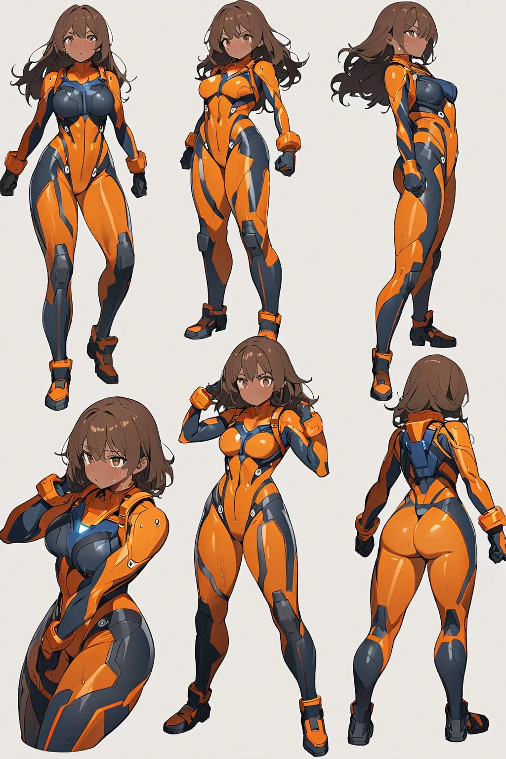 1girl, Solo, Slender, big breasts, beautiful, Young, Little woman, Coveralls,a repairman, tight suit, navel, cleavage, Car, garage, various angles, (front, back, side), character sheet, model sheet, reference sheet.