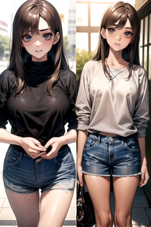 nsfw, masterpiece, best quality, high resolution, (3girls), 20 years old, (blue jeans pants), full body, blush, worried, city park, ((((((pee stain ))))))