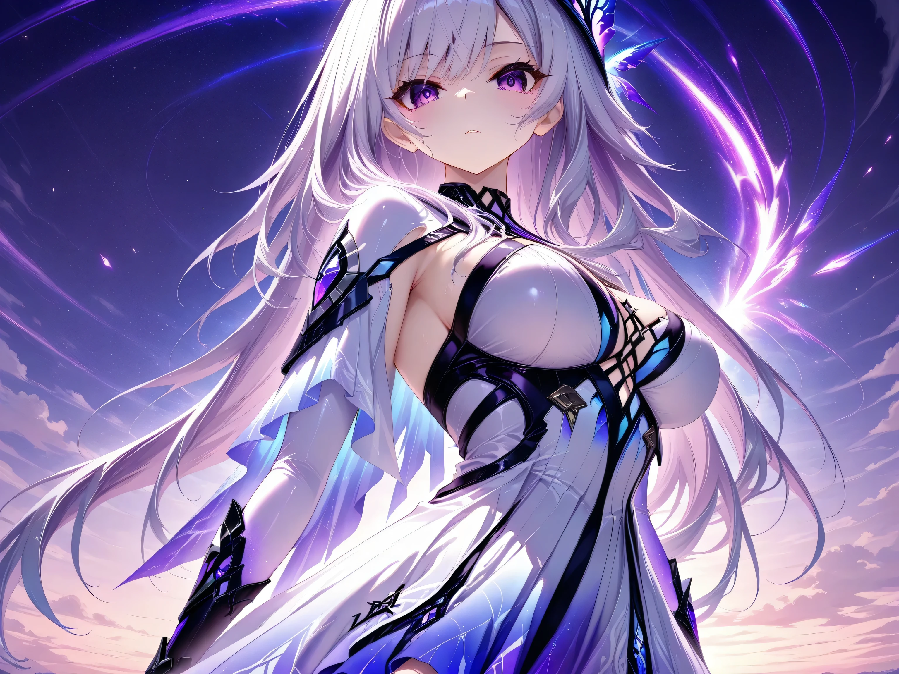 S9kir1k5, Izumi Tsubasu style,masterpiece, long hair, white hair, purple eyes, best quality, single, looking at the viewer, beautiful breasts, amazing, dress, floating in the night sky, indigo horizon, shining light