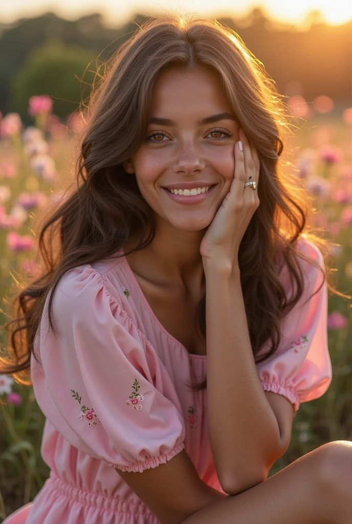 Beautiful brunette, who wears a belle robe (22 ans, visage innocent, naturally wavy hair, blue eye), ((Selfie on the skin du corps, a happy one)), head of':artwork, best quality, ultra-detail. Ultra realized, Selfie, realistic