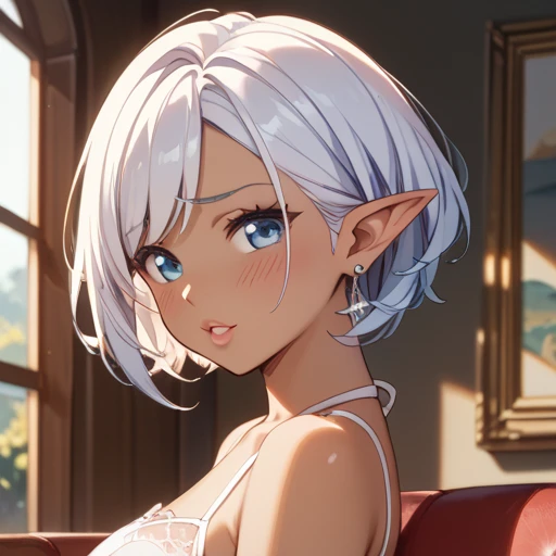 Cute elf girl sitting in bright room,slenderness,With Ultra HD details,Professional lighting and lighting。Silver short bob hair,With decoration,Tall and sexy,Delicate stockings,Sexy mature clothing,From her delicate face and hair to the sparkle in her ultra-delicate eyes,Great attention to detail。 Sword in hand,A pair of delicate earrings,Delicate necklace,A light breeze,Highly rendered longsword,Brighter scenes,More refined facial features,Light smile, Gradient hair, angle of view, High detail, Anime, Super detail, ccurate, Best quality