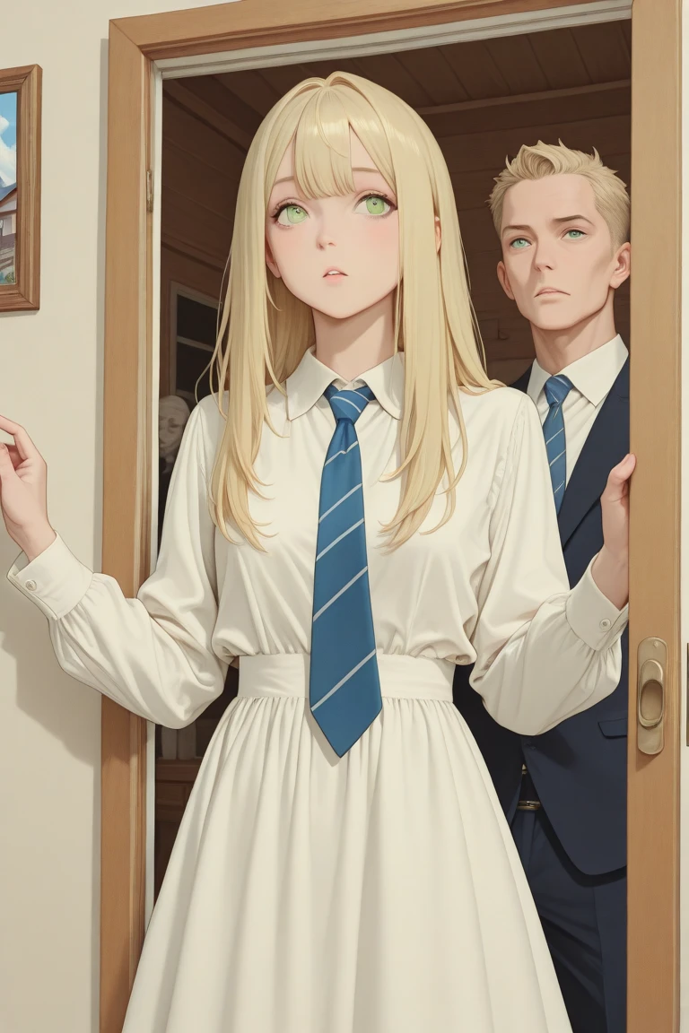 Highest image quality, RAW photo, high resolution, golden straight hair, shiny hair, no makeup, transparent white high-leg body suit, Rembrandt's world view, slender, cute, idol, big eyes, nsfw,(1 woman and 1 man, standing figure: 1.3) , a man hugs a woman from behind,