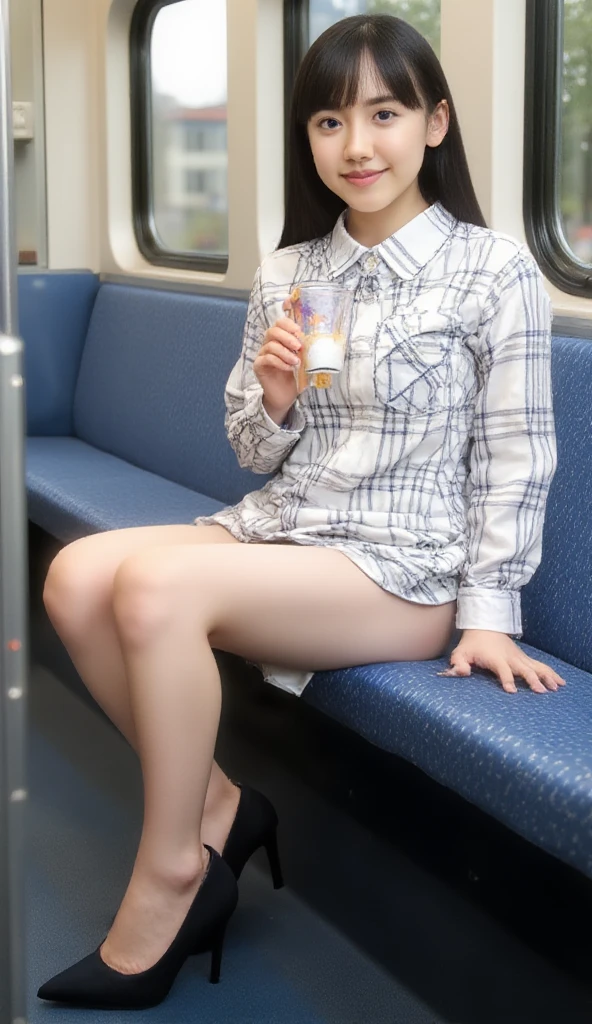 Highest quality、Highest quality、Highest Resolution、masterpiece、detailed、(There are beautiful women:1.2)、(light brown long curly hair)、(Full Body Shot:1.2)、looking at the camera、Shooting from a low angle、(She is drunk from drinking too much alcohol:1.3)、(Sleepy face:1.3)、Red cheeks、smile、Big Boobs、Legs wide open、Patterned blouse and mini skirt、Wearing lace bra and panties、Wearing a garter belt, stockings, a half coat, high heels and a shoulder bag、(A sheet is spread out at the intersection in front of the station.:1.5)、(Drinking beer and eating yakitori:1.5)、(Empty beer cans, empty whiskey bottles, lunch boxes, etc. are scattered around her.:1.5)