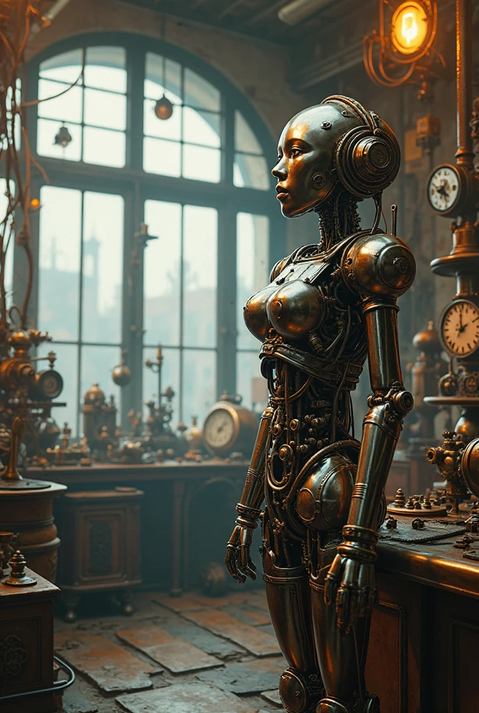 robots made of bronze and powered by steam? with gears wearing steampunk style clothes
