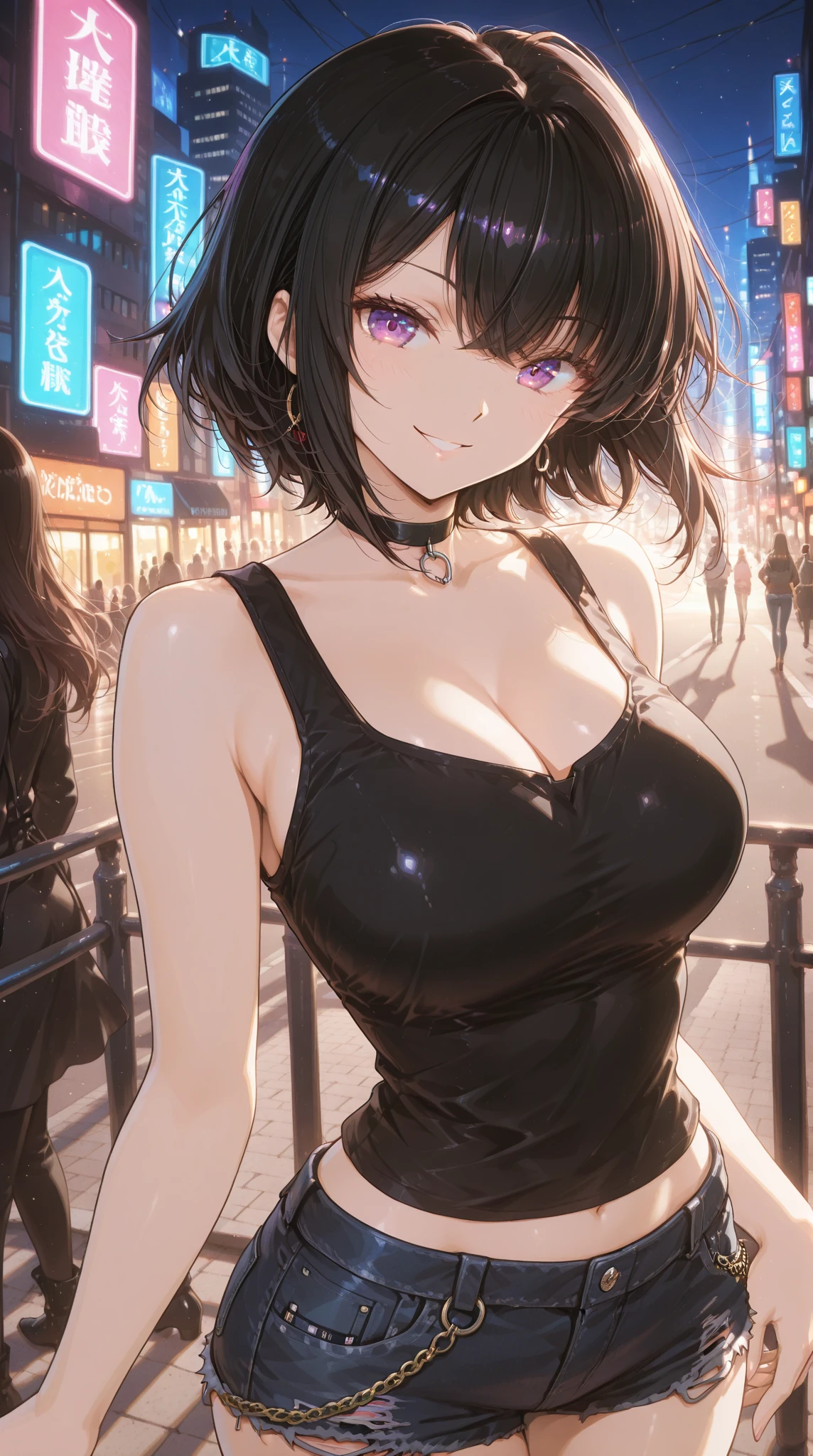 masterpiece, best quality, very aesthetic, absurdres, female, shoulder length black hair, cool facial expression, tall and curvy physique, black hair:1.2, cool face:1.2, short hair:1.3, extremely revealing black dress, high heels, heavy seductive makeup, silver earrings, bold necklace, nighttime, city street, standing pose, seductive posture, heavily blushing, lustful smile, inviting eyes, soft glow of streetlights, urban background, suggestive atmosphere, looking for clients