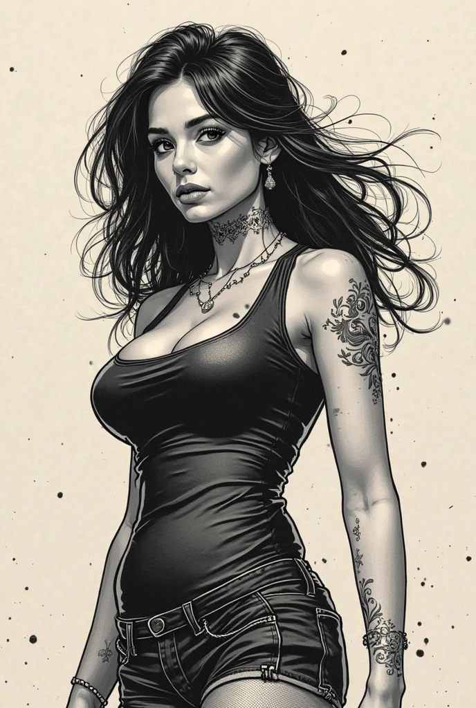 dramatic contrast between light and shadow, clean lineart, hatching, photoshoot of a beautiful woman megan aniston, inking, comic panel