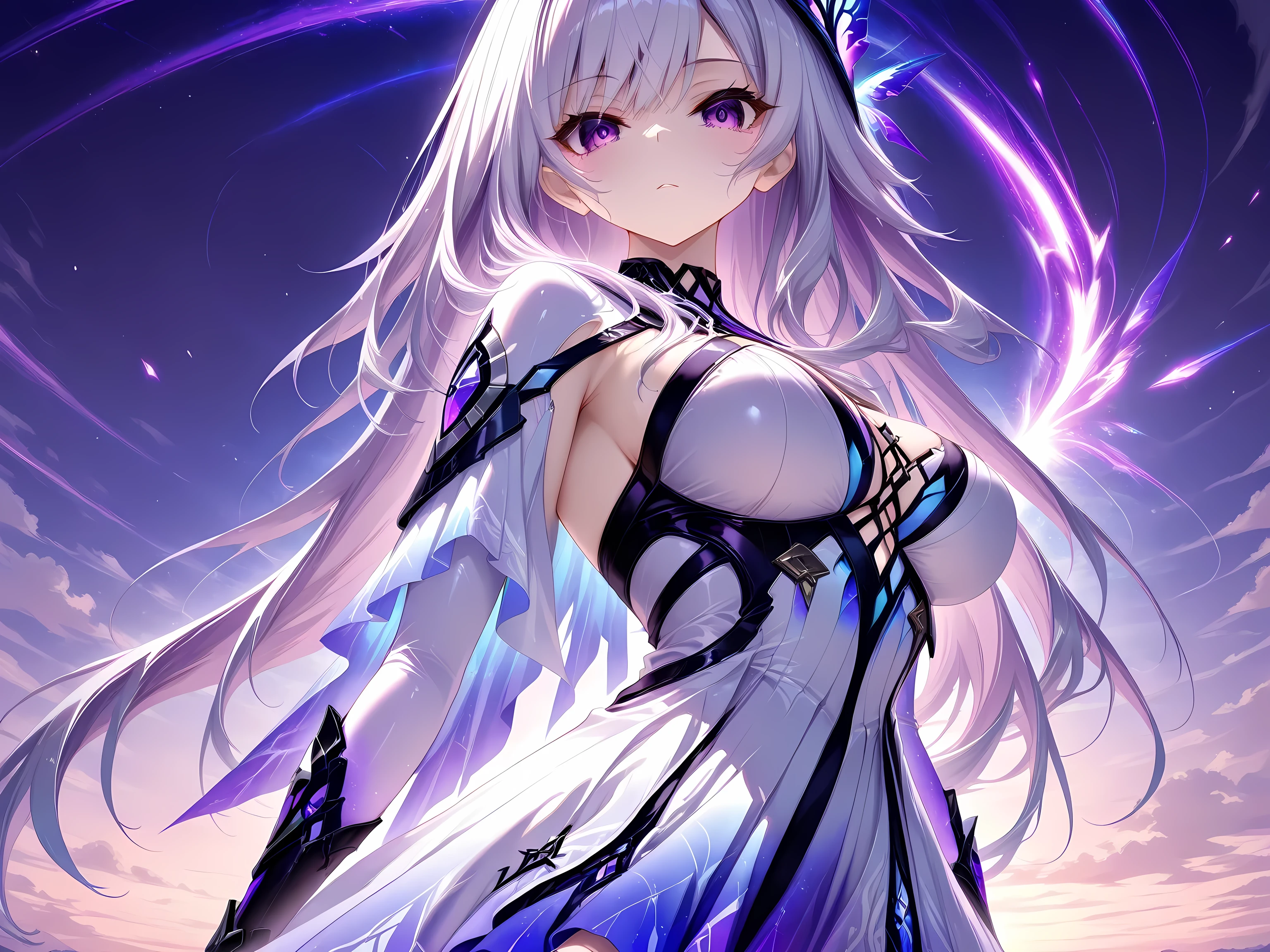 S9kir1k5, Izumi Tsubasu style,masterpiece, long hair, white hair, purple eyes, best quality, single, looking at the viewer, beautiful breasts, amazing, dress, floating in the night sky, indigo horizon, shining light