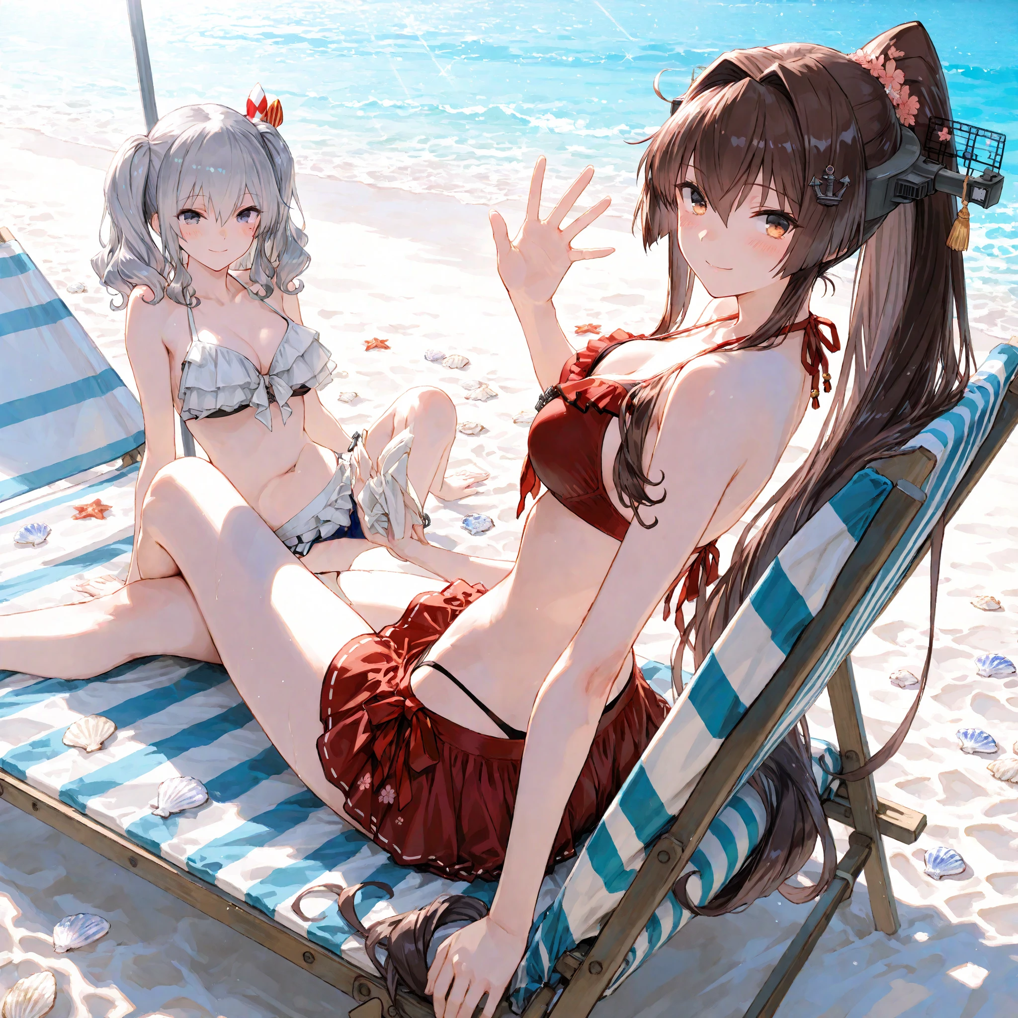 Highest quality、detailed、masterpiece、８K、(Five cute girls)、slender、Wet Skin、Colorful Bikinis、Kneeling on the beach、sun、looking at the camera