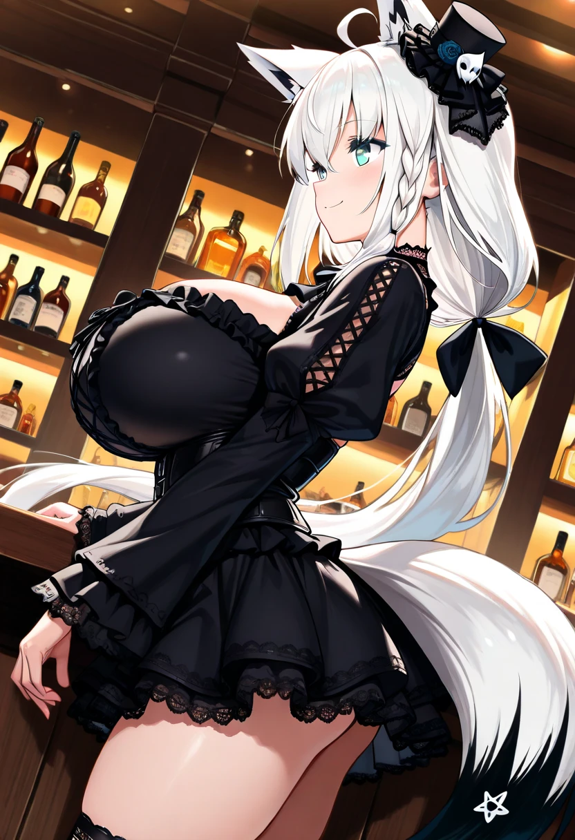 NSFW,masterpiece,Highest quality,High resolution,Super detailed,Shishirabotan\(Hololive\),Long Hair、Two Side Up、Earrings、Lion&#39;s Tail,necklace、Black Shirt、Sleeveless shirt、abdomen、See-through、Grey Skirt、片足pantyhose、pantyhose、fur-trimmed jacket、Black jacket、Off the shoulder,(Bewitching Smile),blush,Luxurious Room,pub,counter,chair,Cocktail Glass,(Drunk),(Intoxication),Sitting in a chair,heart,Sexy pose,Panty shot,From below