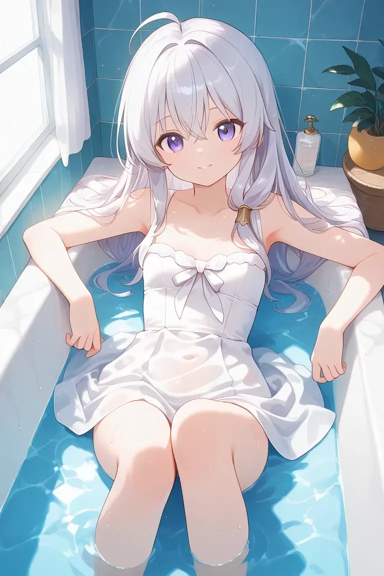 ancient stone jewelry/(Holographic live broadcast/), 1 White-haired girl wearing a yukata lying in the bathtub, facial details, heads up display, charming, pretty face, bare legs, best quality, complex background, bathroom, sunlight from the window shining into the bathroom, soda water, reflection of light and shadow,