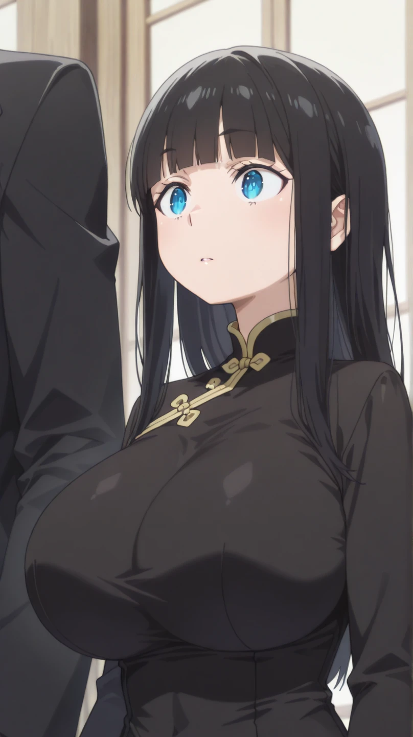 professional artwork, Intricate Details, sharp focus, detailed painting, photorealistic lighting, trending on pixiv, Standing at attention, ((black outfit ,yellow collared shirt,black and red bodysuit,skin_tight,black legwear, black pantyhose, Side_boob)), (((fully suited:1.5))) black hair,very long hair, Bangs,yellow eyes,makeup, lipstick, 40yo,mature female,Beautiful Finger,Beautiful long legs,Beautiful body,Beautiful Nose,Beautiful character design, perfect eyes detail, perfect face, looking at viewer,official art,extremely detailed CG unity 8k wallpaper, perfect lighting,Colorful, Bright_Front_face_Lighting, (masterpiece:1.0),(best_quality:1.0), ultra high res,ultra-detailed, photography, 8K, HDR, highres, absurdres:1.2, Kodak portra 400, film grain, blurry background, bokeh:1.2, lens flare, (vibrant_color:1.2) (Beautiful,large_Breasts:1.4), (beautiful_face:1.5),(narrow_waist), (solo:1.4), ((hands on waist:1.4, half body shot:1.5)), annerose:1, (super blushing, super shy, tsundere:1),