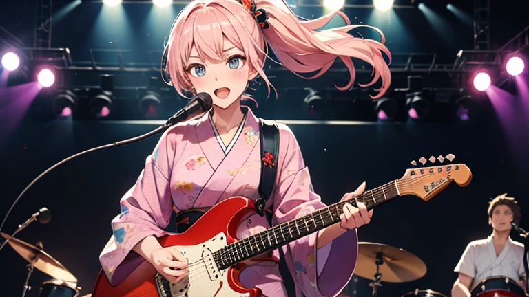 girl Japanese bass guitarist. dressed in Y2K style in blue. short pink hair tied into two ponytails. cute anime style. full length at a concert. small, 16 years old, cutely dressed