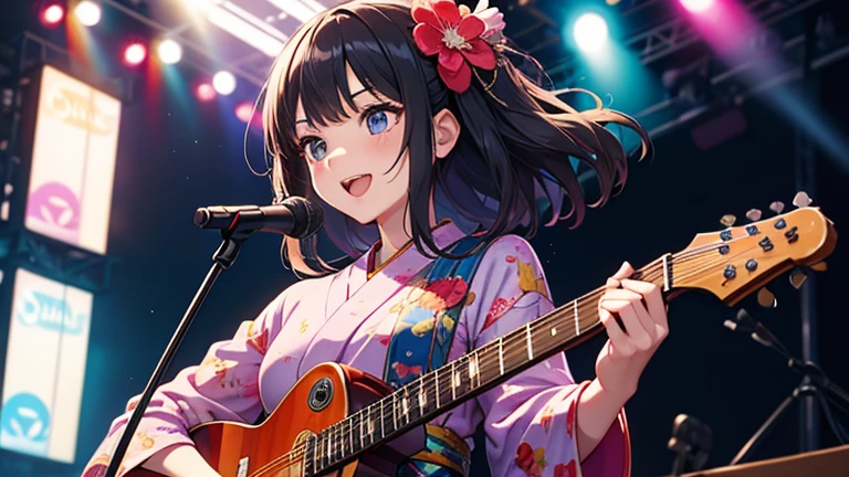 4 beautiful mature Japanese women aged 55, rock band, Four-piece band, Long eyelashes, Low Ponytail, Red lipstick, Pearl Necklace, Earrings, Dark eyeshadow, Cleavage, Flashy clothing, guitar, base, drums and vocals,