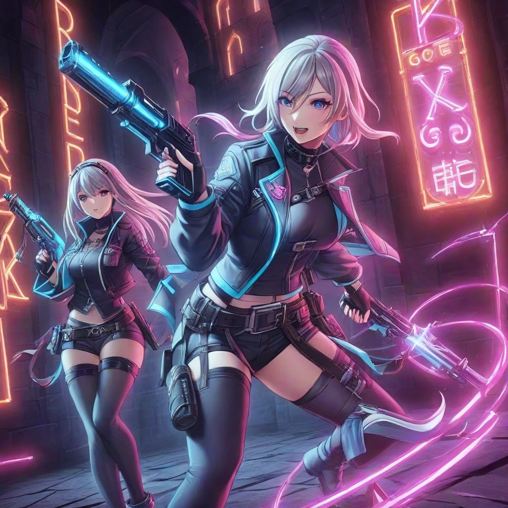 Anime character with sword and gun in hand, with plasma gun, cel - shaded art style, beautiful sci - fi twins, dual wielding two magical swords, official fan art, Laser sword in hand, high quality fan art, dual wielding swords, dual swords, cel shaded anime, Mobius and Ion Flux, in the art style of 8 0 s anime