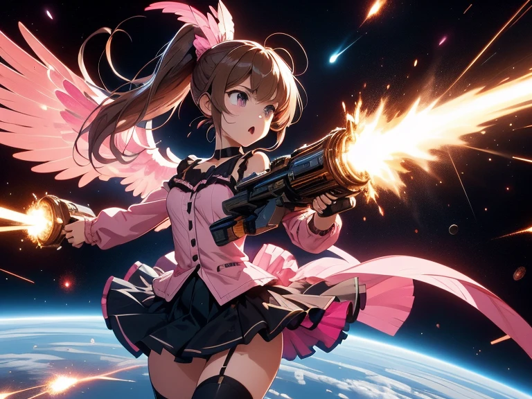 Sexy anime girl in baby doll, full body, jumping, euphoric, rocket in background